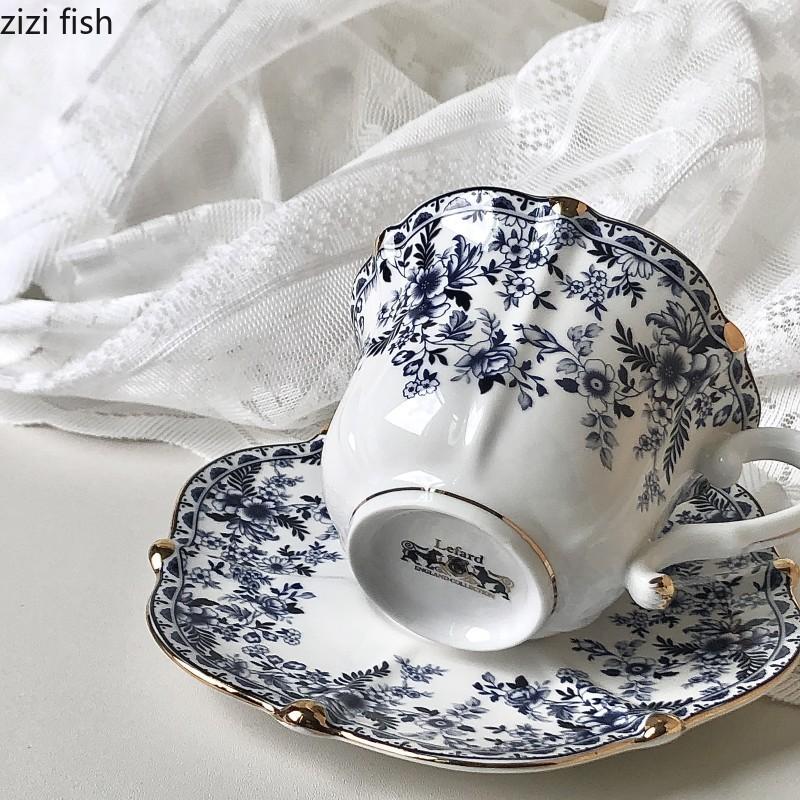 Vintage blå og hvit keramisk kaffekopp og skål Vannkopp Frokostkopp Ettermiddagste Blomstertekopper Melkekrus Kaffekrus