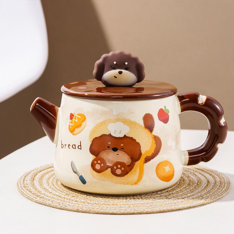 

Bread Puppy Ceramic Mug with Lid Spoon Girl Drinking Water In Office with High Looking Coffee Cup Birthday Gift 301-400ml