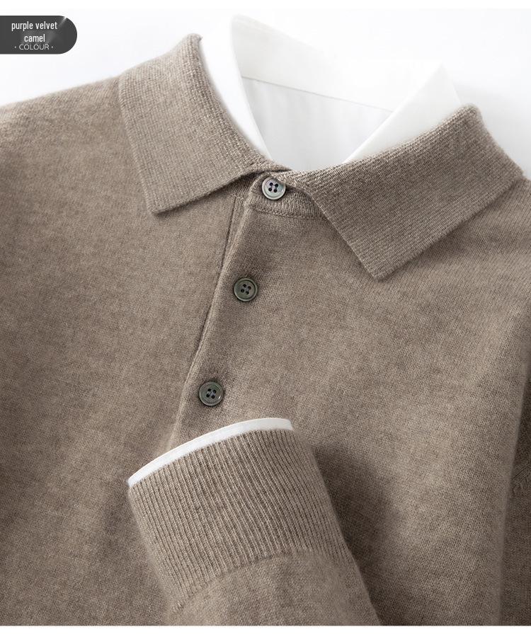 Men's Cashmere Polo Collar Sweater, Solid Color Knitwear, Long Sleeve Button-Up Pullover for Autumn/Winter