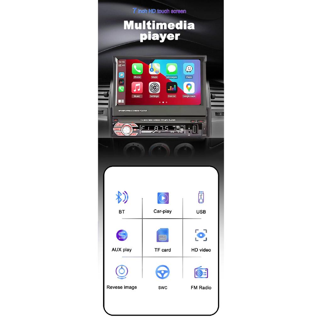 1 Din MP5 Player 7 Inch Carplay Android Auto Universal  Manual Automatic Retractable Touch Screen Car Player FM Radio