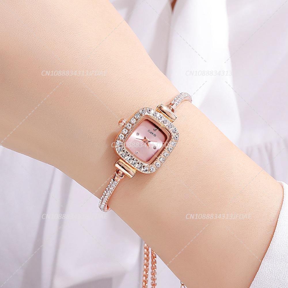 Elegant Adjustable Steel Quartz Women Wristwatch Luxury Fashion Diamond Crystal Watch Small Square Dial Women's Watches