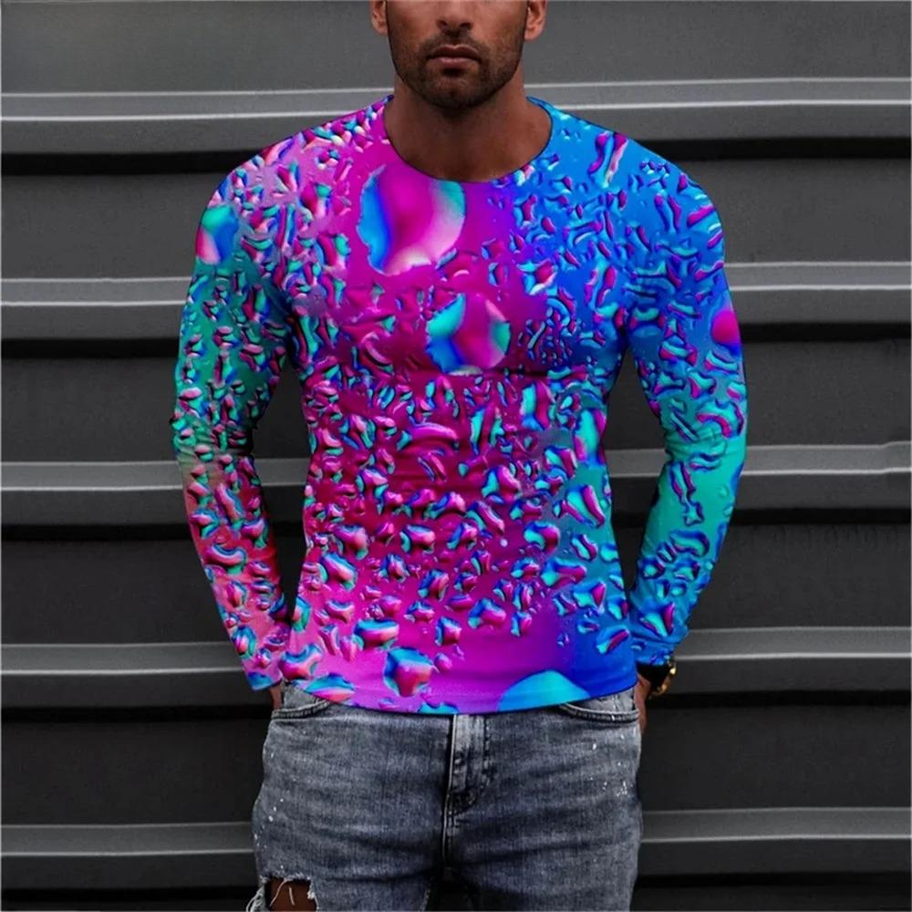 Colorful Visual 3D Digital Printed Men's Fashion Trend Round Neck Long Sleeved T-shirt