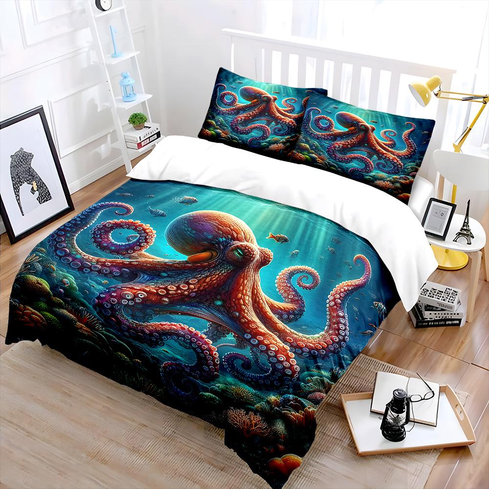 Giant Octopus Underwater With Sea Creatures Bedding Set For Kids Luxury Gift 3Pcs Digital Print Comforter Set Soft Comfortable