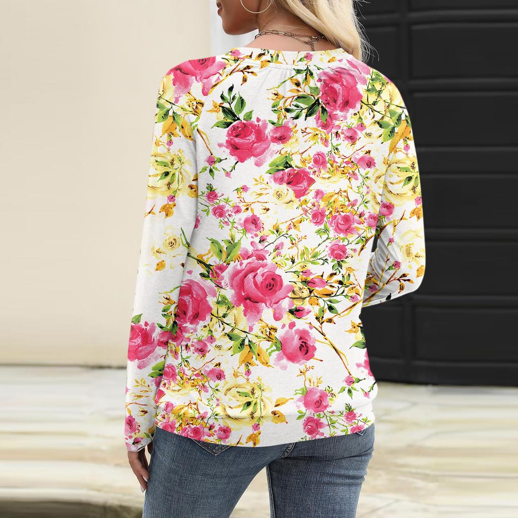 Women's Casual Fashion V-Neck Raglan Pleated Floral Print Long Sleeve Top