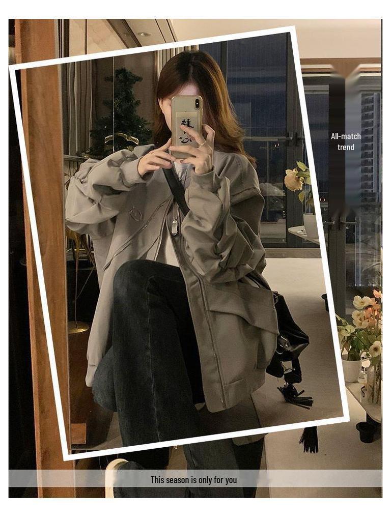 Women's American High-Street Style Loose Irregular Flight Jacket for Spring and Autumn