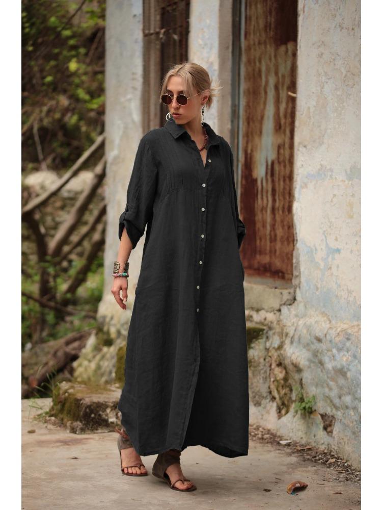 Women Long Sleeve Button Down Maxi Shirt Dress Loose Fit Casual Lapel Collar Long Robe Solid Color