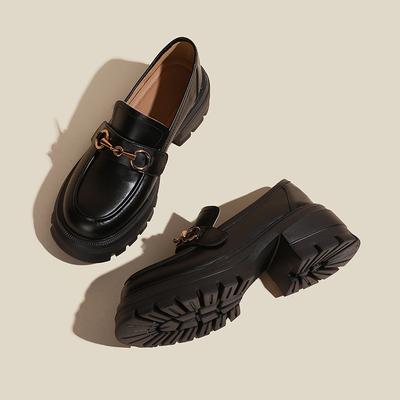 Wind Platform Women's Autumn Thick Heel College Small Leather Shoes Black Soft Leather Thick Heel Single Shoes