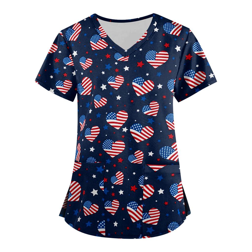 Ropa de trabajo de manga corta con cuello en V a la moda para mujer con bolsillos Tops estampados