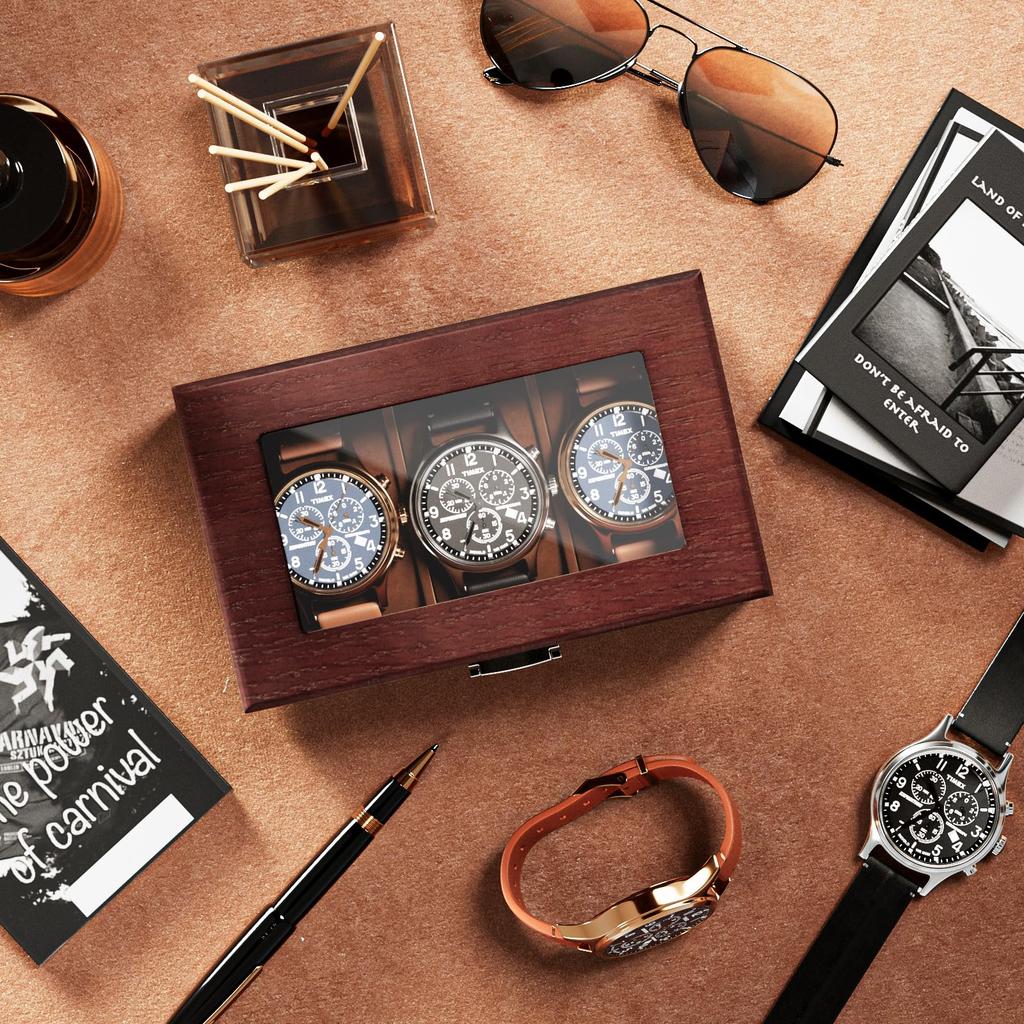 ProCase Men's Wooden Watch Box, 3-Slot Watch Display Case with Glass Lid