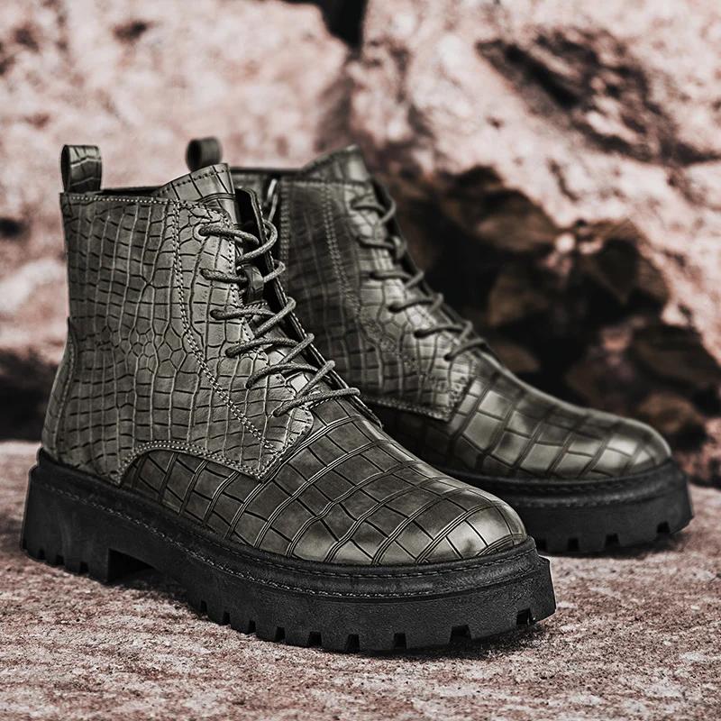 High Quality Retro Crocodile Pattern Men Leather Boots British Style Chelsea Boots Comfy Casual Ankle Boots for Man Botas Hombre