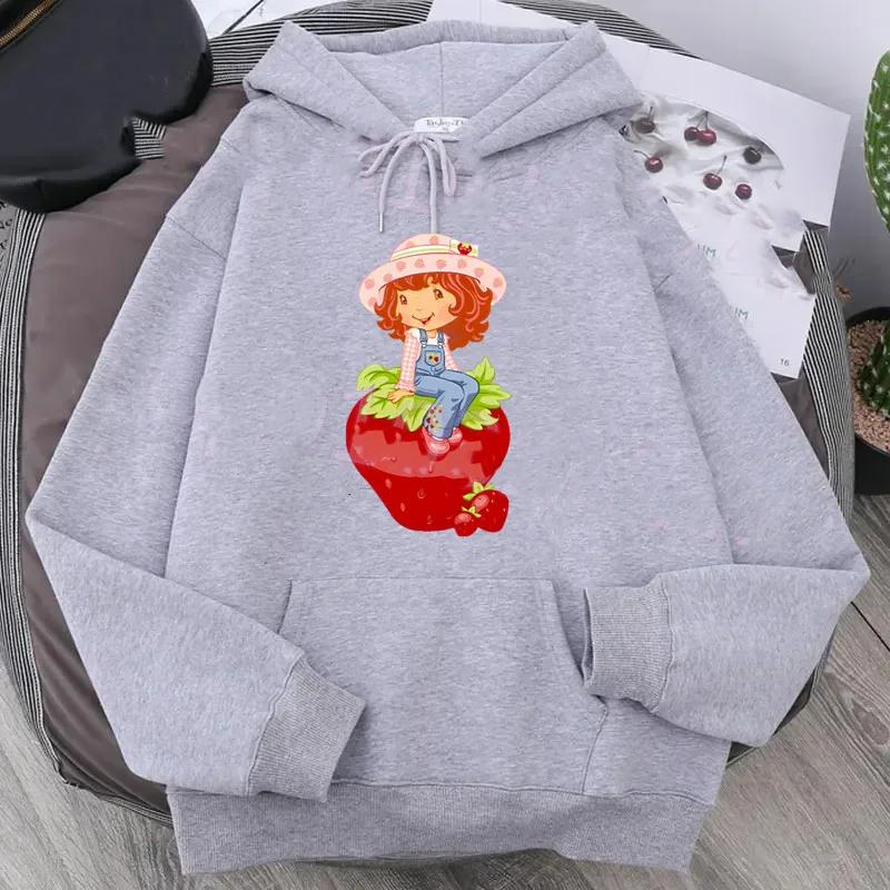 Cartoon Strawberry Women Hoodies Strawberry Shortcake Hoodies Tops Long Sleeve Pockets Fashion Hooded Sweatshirts