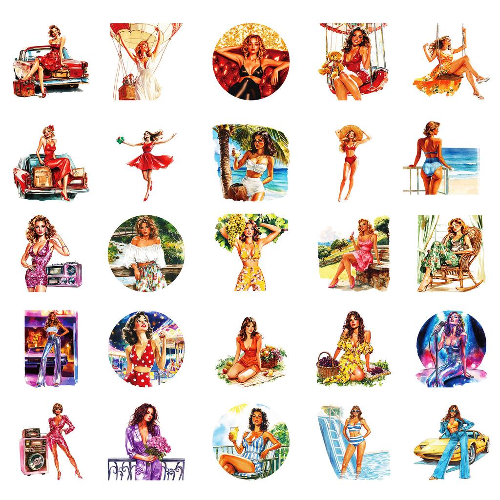 50 Summer Vintage Fashion Swimwear Girls Realistic Graffiti Stickers Diy Decorative Luggage Water Cup Stickers