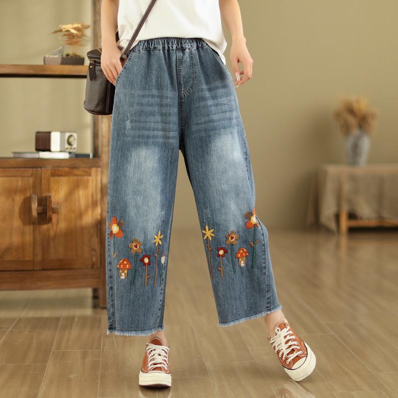 Women Jeans Denim Crop Harem Pants Embroidered Wide Leg Jeans