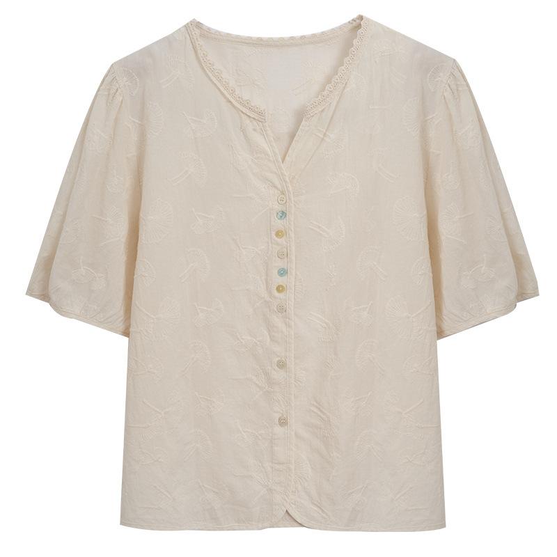 Spitze Spitze Rundhals-Shirt für Damen Kurzärmelige Sommerkleidung Neuer Stil Leichtes Baumwoll-Stickshirt