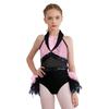 Girls Jazz Dance Dress Turn Down Collar Sleeveless Sheer Mesh Keyhole Back Shiny Sequins Color Block Feather Leotard