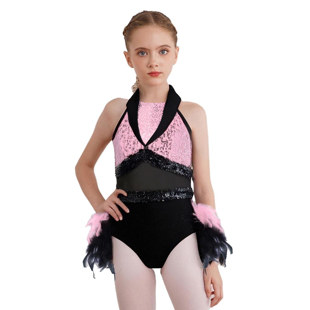 Girls Jazz Dance Dress Turn Down Collar Sleeveless Sheer Mesh Keyhole Back Shiny Sequins Color Block Feather Leotard