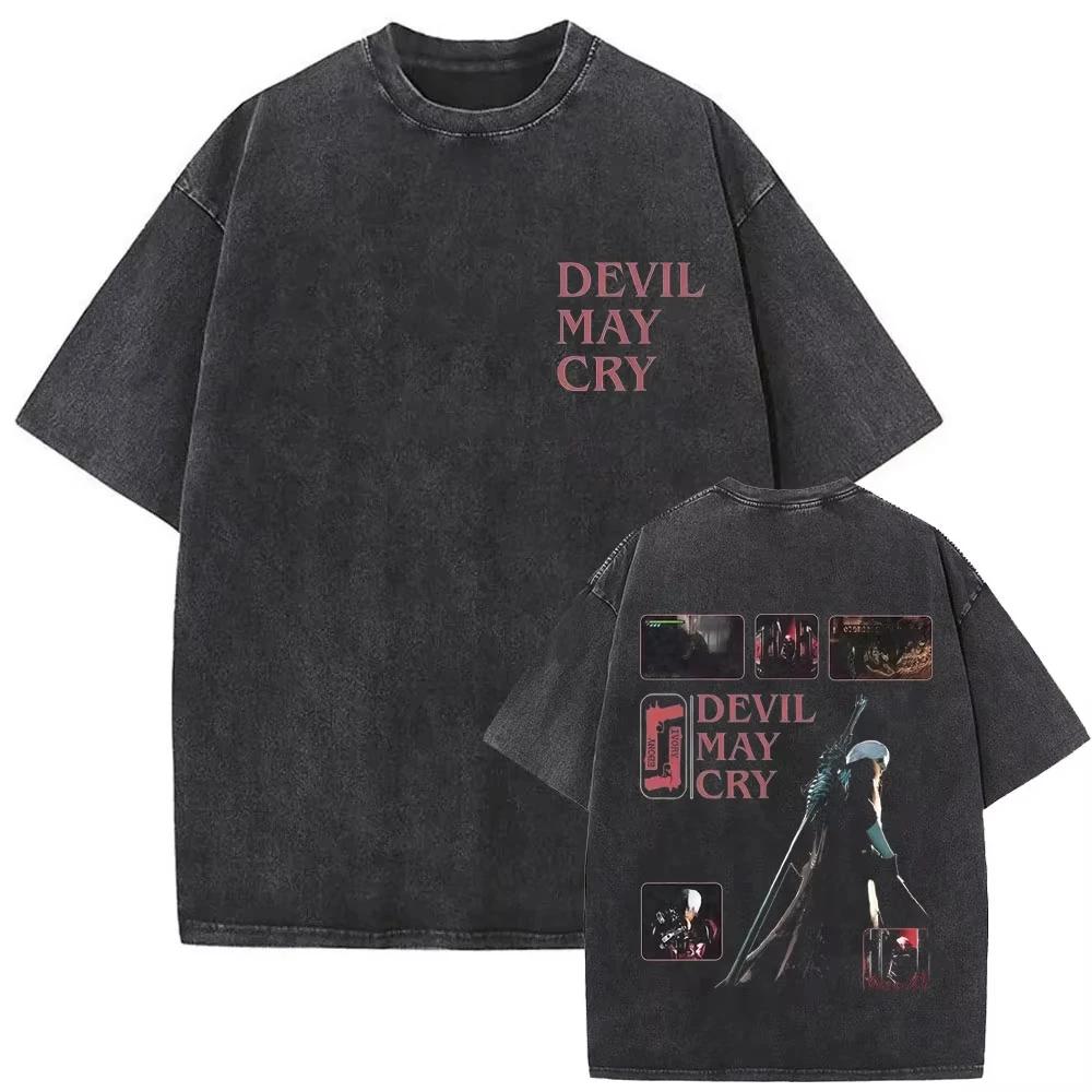 Game Devil May Cry Dante Vintage Acid Washed T-shirt Men Gothic Retro Fashion Short Sleeve T Shirts Male Hip Hop Streetwear