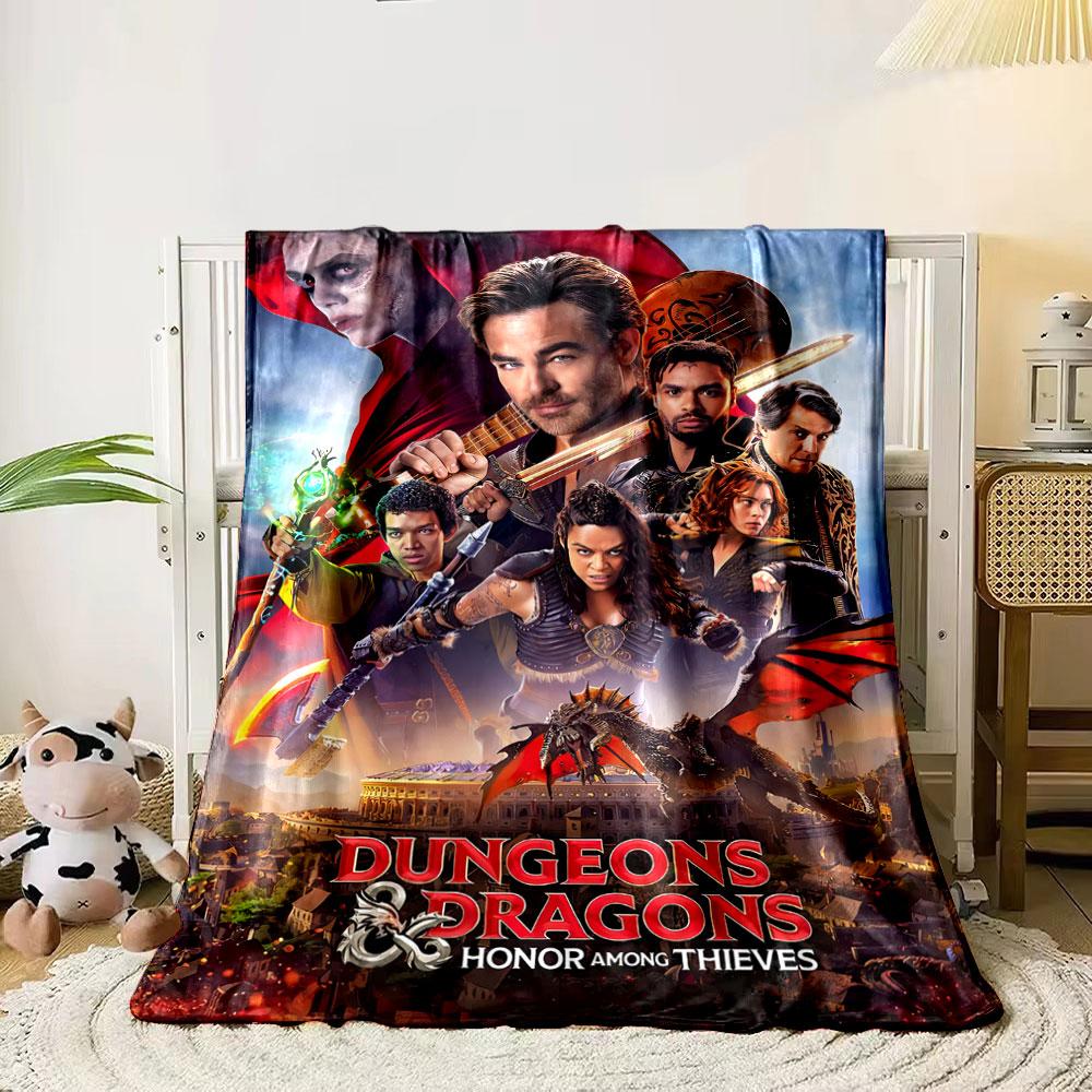 A heroic fantasy ensemble with weapons, a red dragon, and a medieval city. for all seasons blanket lunch break throw gift 80cm x 120cm