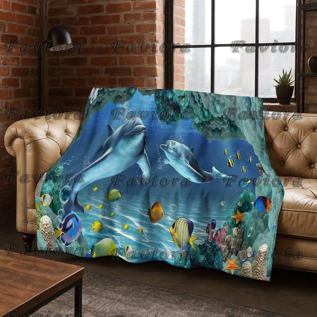 26 Style 3D Illusion Sea Underwater World Dolphin Flannel Blanket,Cozy Soft Throw Blanket for Home Bedroom Bed Sofa Cover Gift