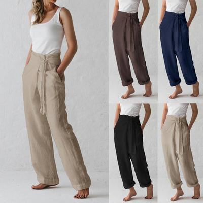 Pantaloni Casual Estivi da Donna a Vita Alta con Elastico alla Caviglia e Tasche, Colore Unito
