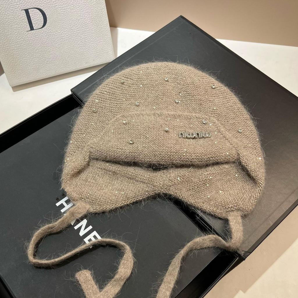 Light Luxury Rhinestone Min Rabbit Hair Knitted Hat Winter Outdoor Double-Layer Thermal Ear Protection Hat Celebrity Style Bag Head Hat