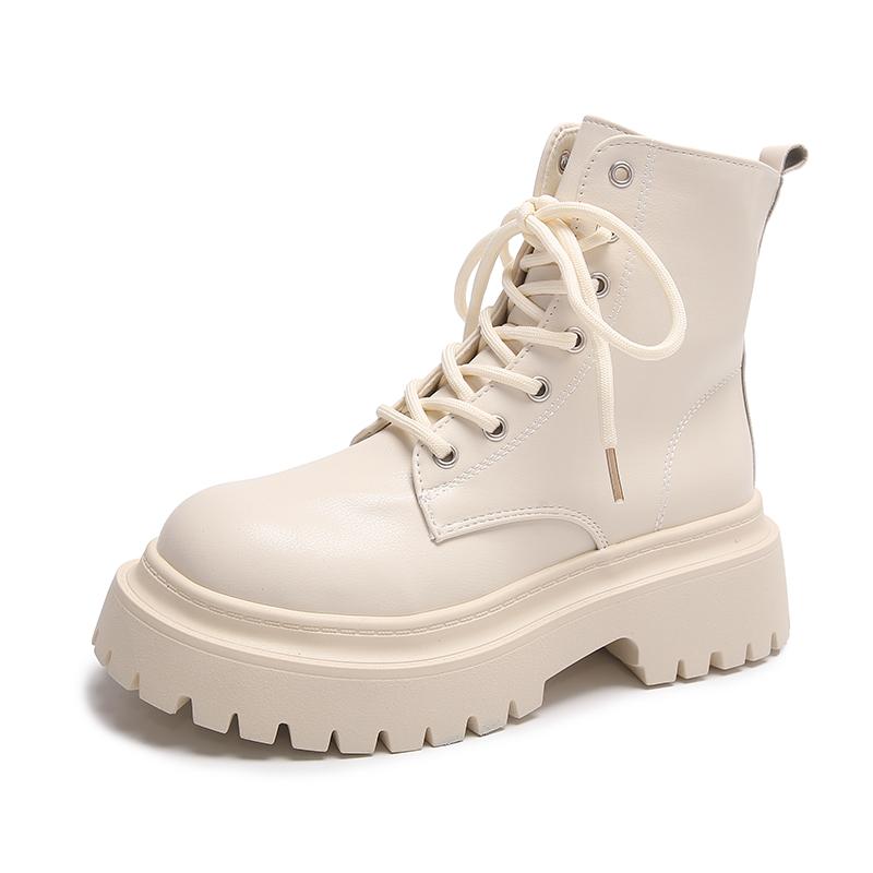 Mode Schwarze PU-Leder Plateau-Stiefeletten Damenmode Rutschfeste Plateau-Kampfstiefel Frau Dicke Sohle Reißverschluss Schnürung Botas Mujer