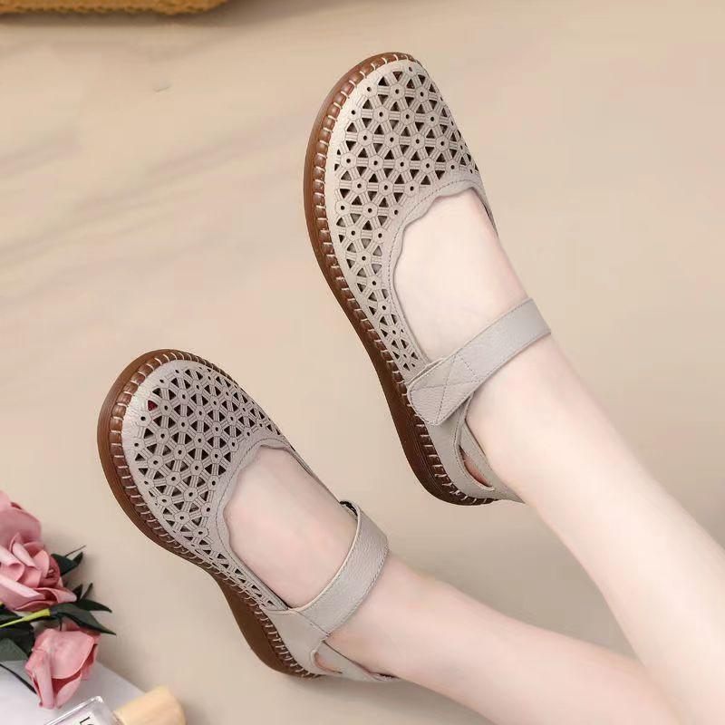 Leather sandals beef tendon sole breathable non-slip middle-aged and elderly mother shoes women's soft sole non-slip and deodorant hollow hole shoes