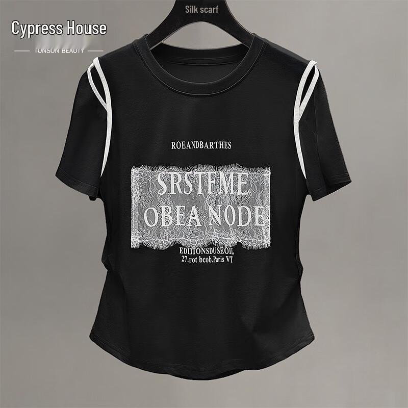 Women s Round Neck Short Sleeve T-Shirt with Lace Trim S