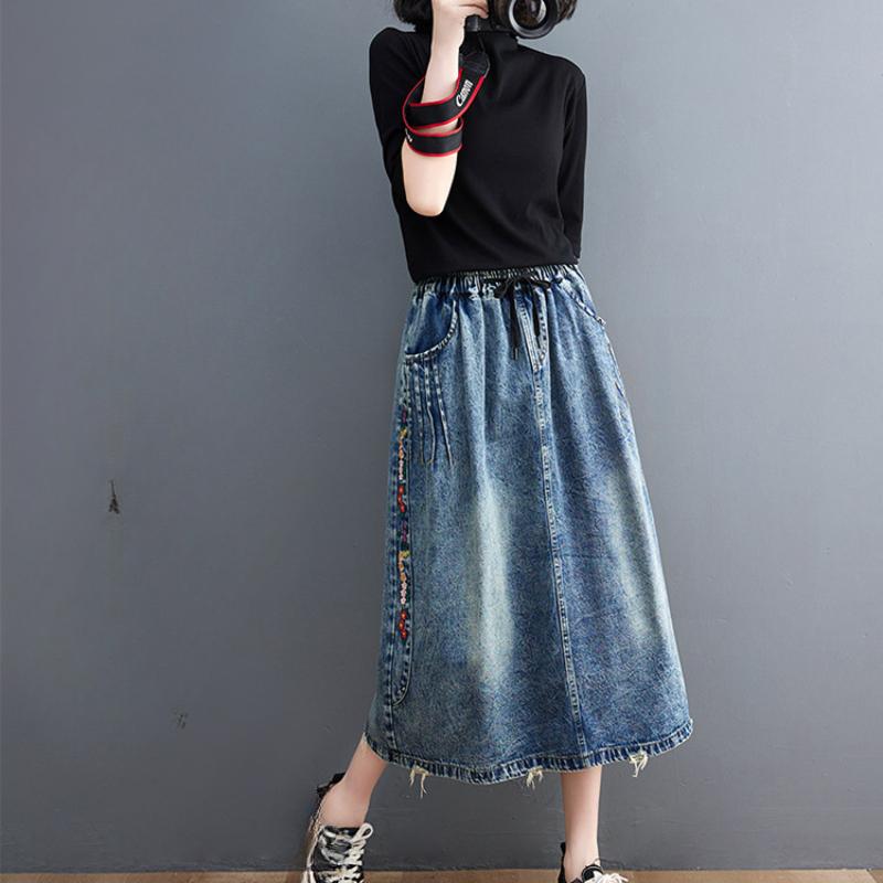 Jaro Léto Umění Retro výšivka Elastický pas Džínová sukně Dámská velká