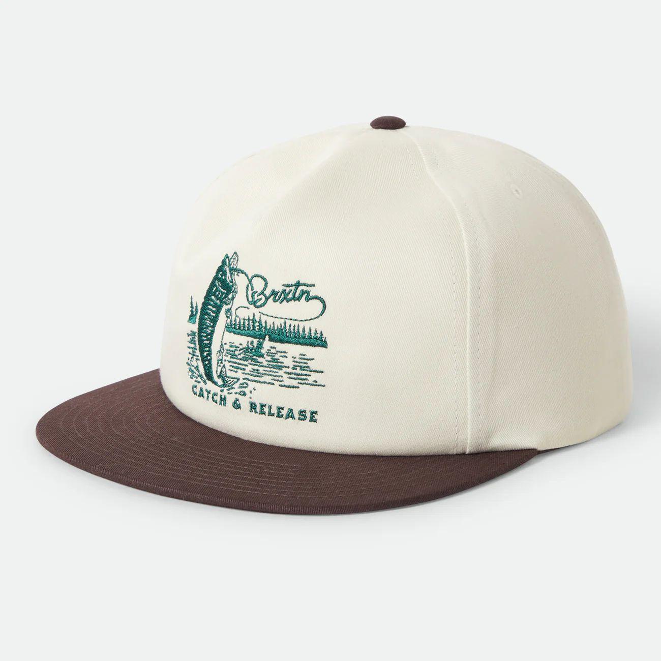 Used BRIXTON CATCH AND RELEASE HP SNAPBACK OFF WHITE/BROWN Brixton catch and release snapback cap