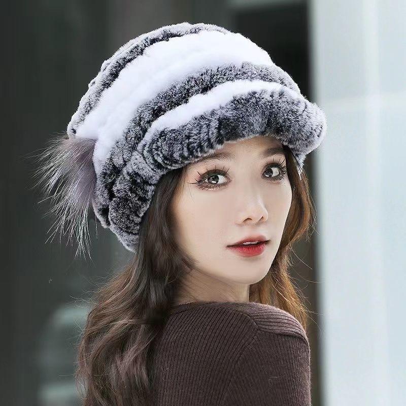 Rex Rabbit Fur Hat Genuine Fur Ear Protection Thick Warm Fashionable Fox Fur Flower Duckbill Cap New All-match Autumn and Winter Women's Hat