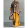 1116 New Retro Bohemian Cashew Flower Set, Crew Neck Flared Sleeve Top + Two Pieces of Wide-leg Pants.