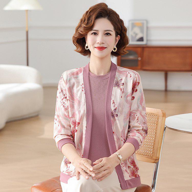 

Mom s Autumn Knit Two-Piece Set: Stylish Chinese-Inspired Cardigan for Middle-Aged & Elderly Women 2XL [105-120 lbs]