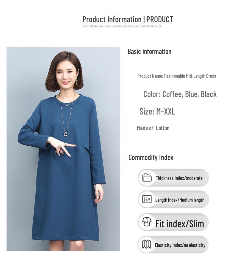 Damen 2024 Frühling/Herbst Langarm Baumwoll-Sweatshirtkleid - Koreanischer Stil, Slim Fit, Bauch kaschierend