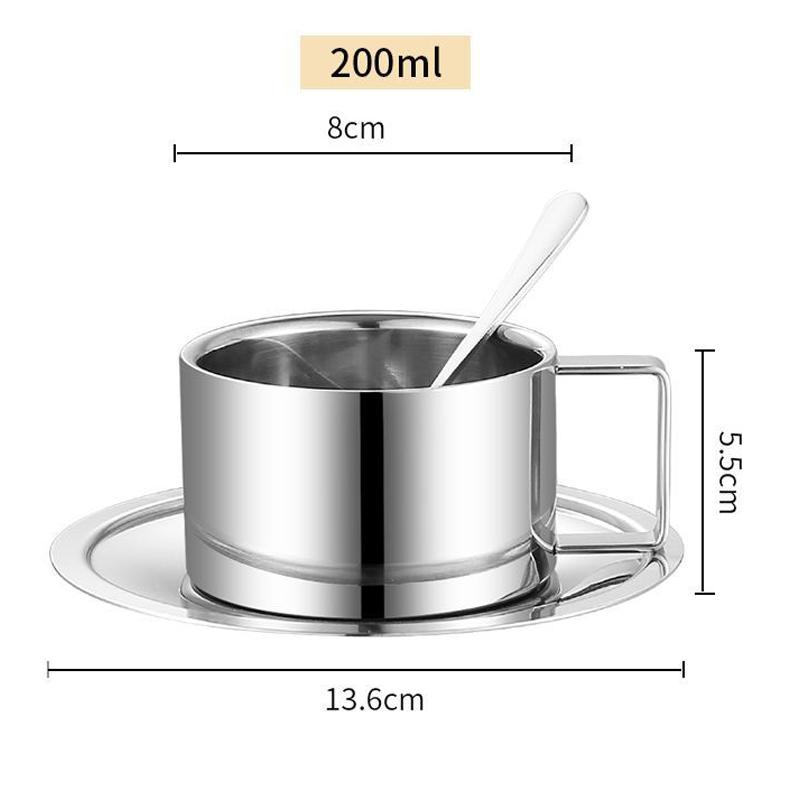 Elegantní šálek na kávu s podšálkem a lžičkou, nerezová ocel 304, šálek na espresso, hrnek na mléko, cappuccino na odpolední čaj, kempování, kavárna