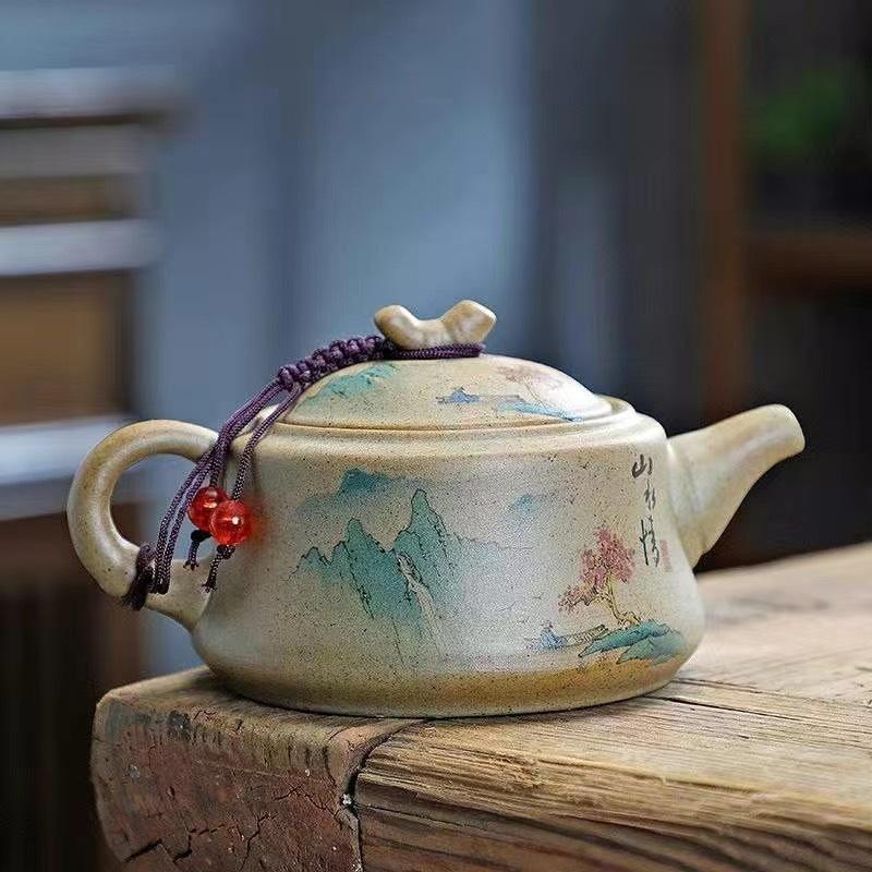 Wykwintny ceramiczny czajnik do herbaty Klasyka Chin Gruboziarnista ceramika Czajnik z uchwytem Ceramika Czajnik z drewna tekowego Czarny Zielony fioletowa glina Zestaw do herbaty z surowej rudy