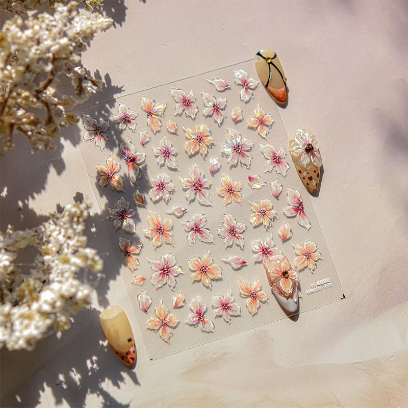 Körsbärsblommor Sakura Vår 5D Nageldekorationsklistermärke Guldstämpling Mjukt Lim Reliefklistermärke Chic Manikyrdekaler