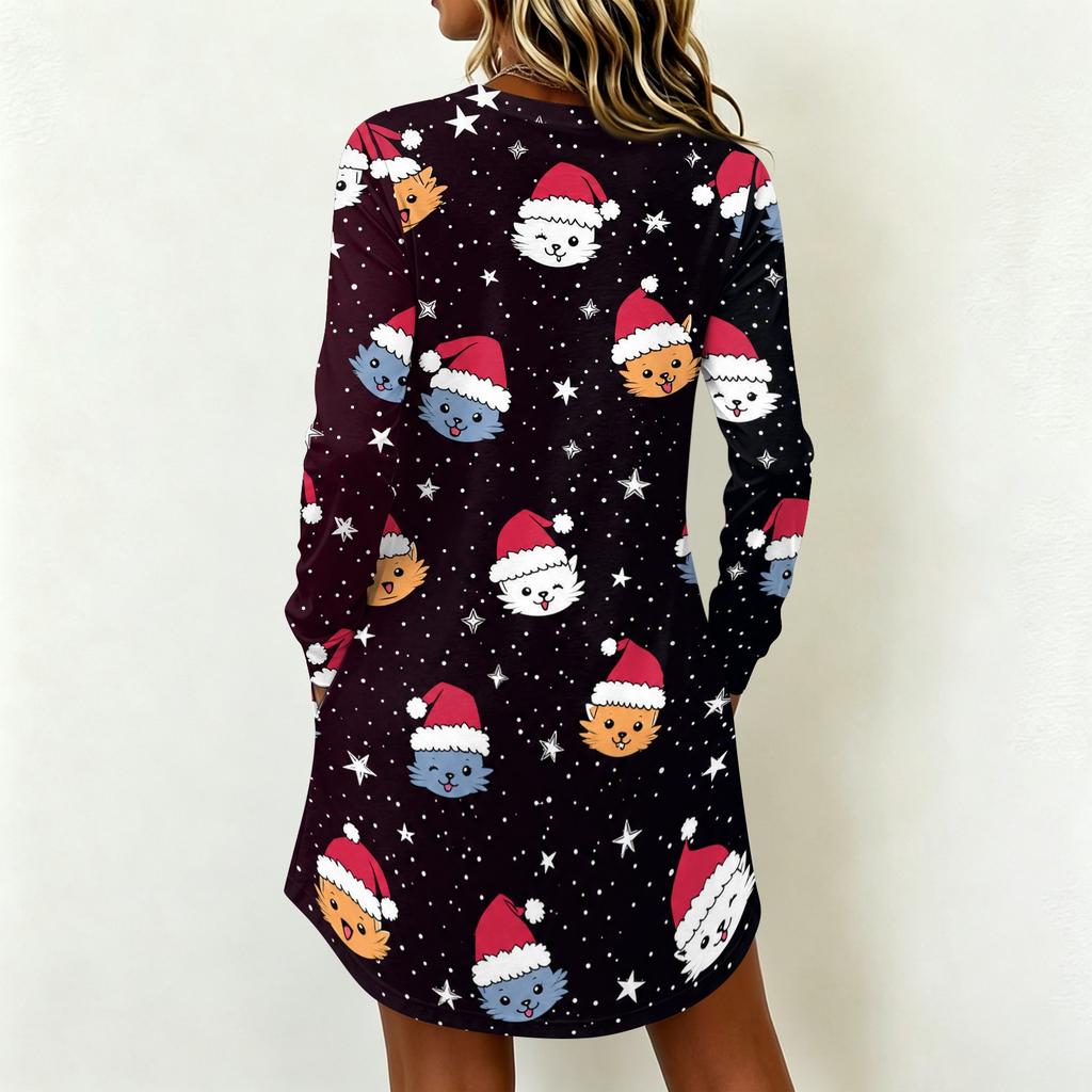 Women's Casual Long Sleeve Christmas Print Neck Dress – Festive Holiday Party Outfit
