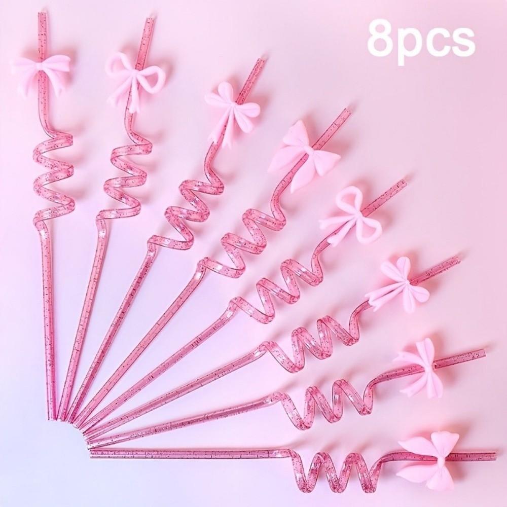 8pcs Colorful Sparkle Pink Bow Straws Shimmer Effect Sparkle Straws  Birthday Parties