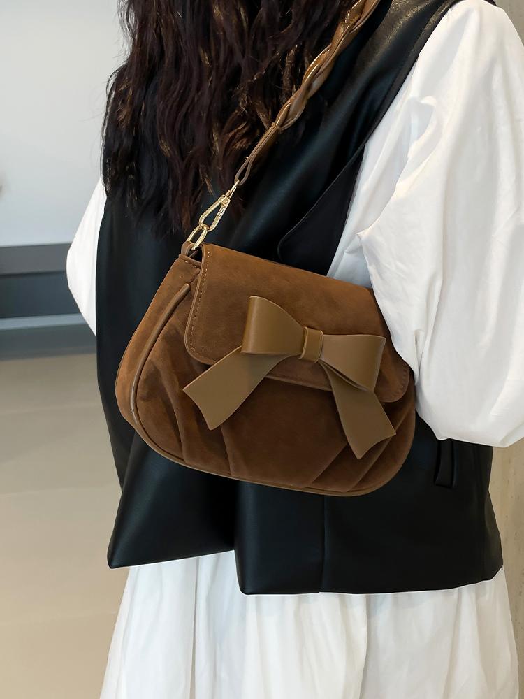 Exquisite Bow One Shoulder Bags for Women Autumn New Faux Suede Small Handbags French Retro Trendy Mini Crossbody Bag