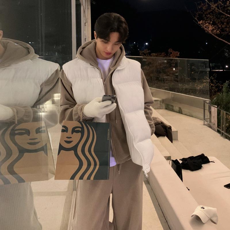 Colete de Algodão com Gola Alta Masculino Outono e Inverno Casaco Quente Solto Estilo Coreano Moderno Sem Mangas Casaco de Algodão