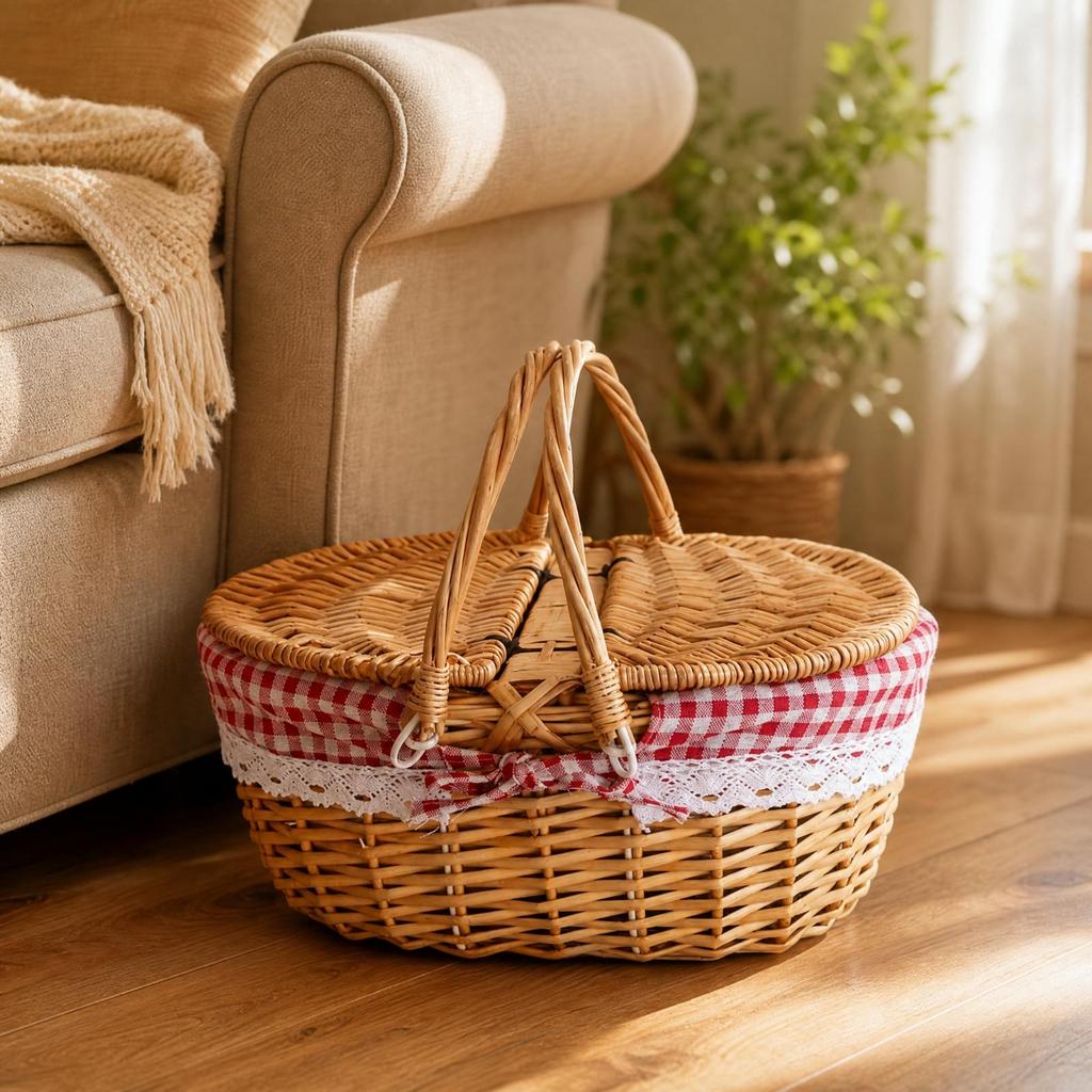Panier en osier Longue durée Ovale Tissé à la main avec couvercle Naturel