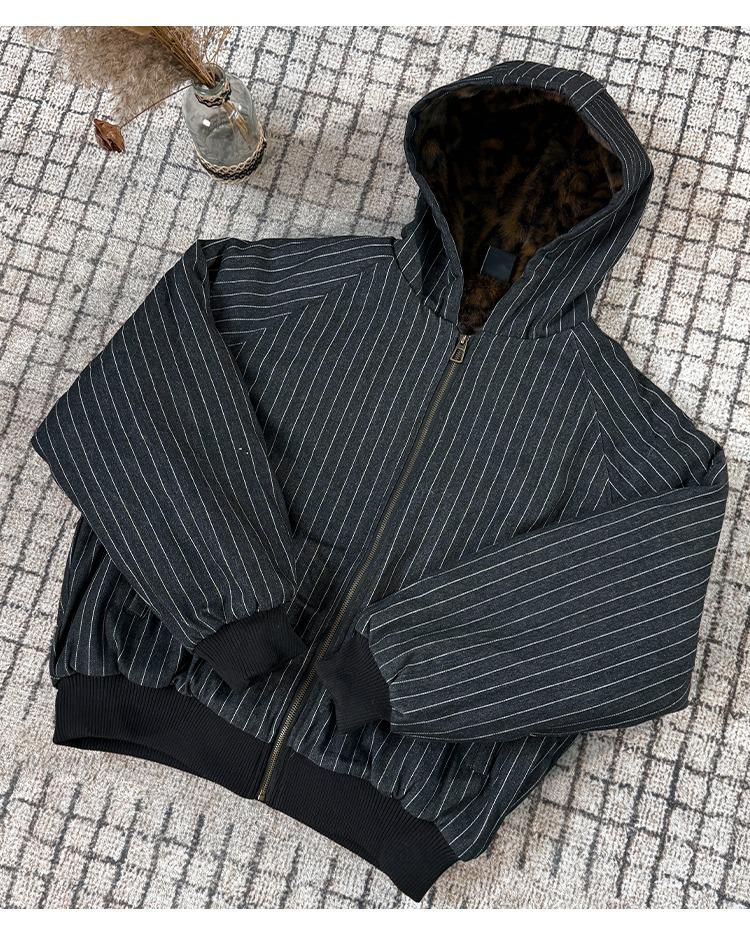 Black Leopard Print Retro Hooded Cotton Jacket with Vertical Stripes for Men & Women