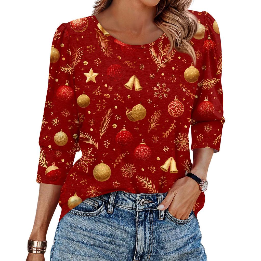Women's Fashion Casual 3/4 Christmas Print Color Shirt Women's Round Neck Tops