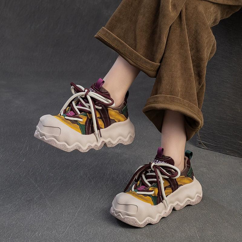 Fashion GKTINOO Sneakers Women Genuine Leather Thick Soled Big Toe Lace-Up Spring Autumn Lady Casual Flat Shoes Handmade Women Shoes