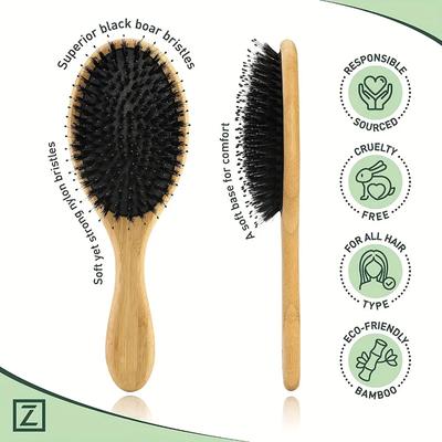 Escova de cabelo de cerdas de javali natural, cabo de bambu, pente de cabelo antiestático, pente de massagem no couro cabeludo, bolsa de gás, escova de cabelo desembaraçadora, ferramenta de modelagem