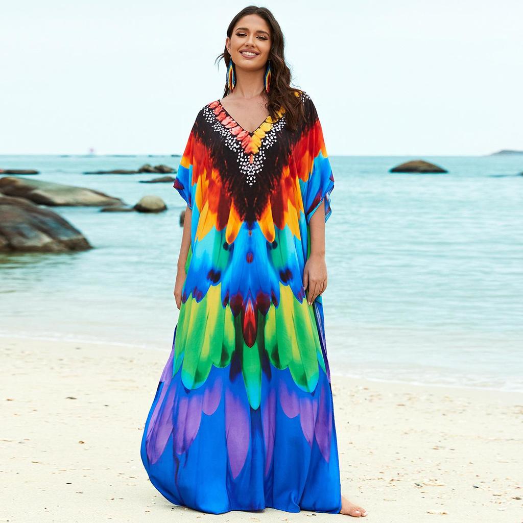 Kaftan Beach Dress Rayon Women Boho Colorful Printed Plus Size Maxi Summer Bathing Suit Cover Up