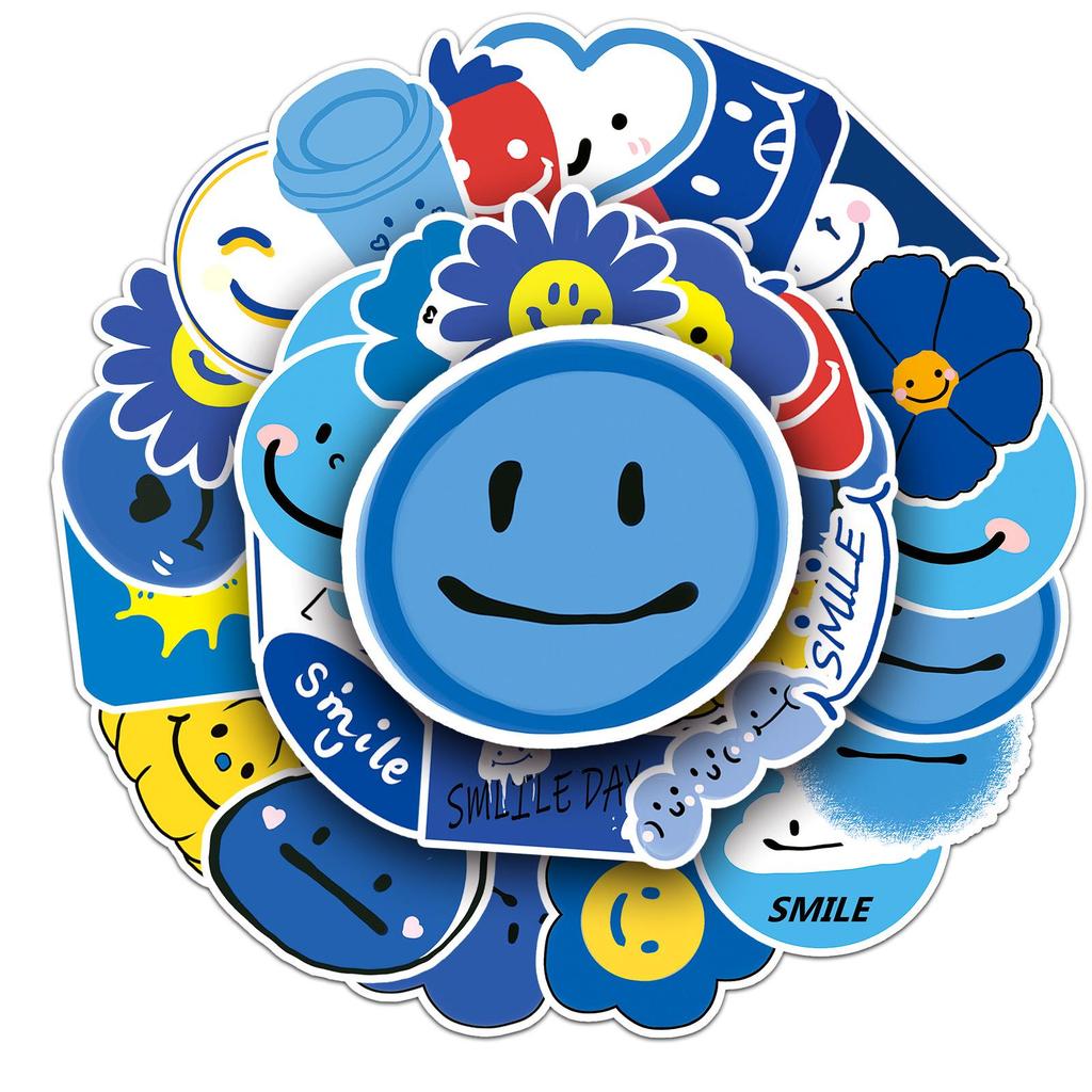 50 Sheets Blue Smile Cartoon Stickers: Cute, Waterproof Decoration for Journals, Computers, and Water Bottles