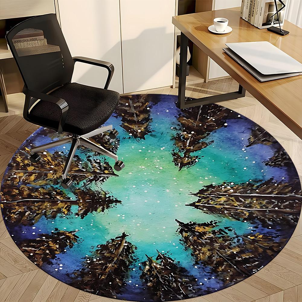 1PC Forest Reflection Aurora Office Round Area Rug, Indoor Mat Suitable For Office, Under Office Chairs Bedroom Living Room Home Decor, Room Deco 052