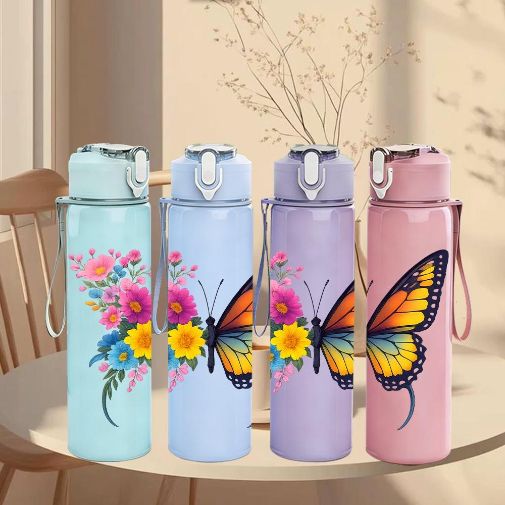 1PC Bright Colorful Butterfly 750ml Color Plastic Sports Water Bottle Leakproof Flip Straw Lid Suitable for Sports Office Home Use